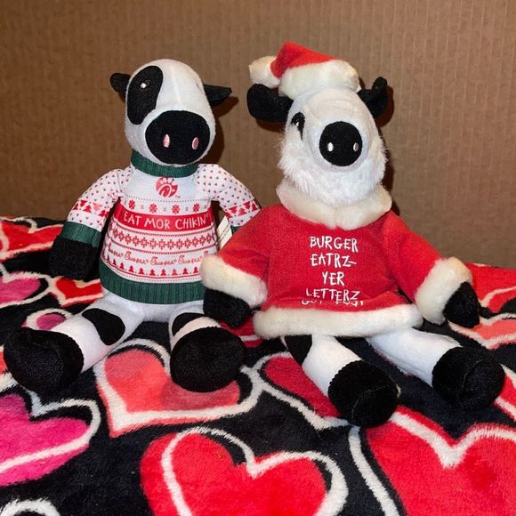 Chick-fil-A 2 Christmas Cow Plush Santa & Ulgy Sweater Cows - Picture 1 of 7